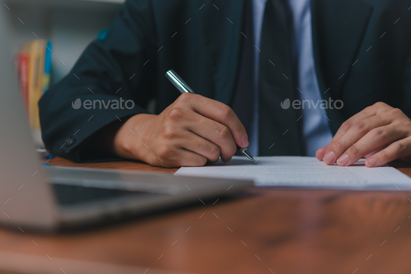 person document writing on paper with a pen, Man worker signing job contract, note, insurance and re