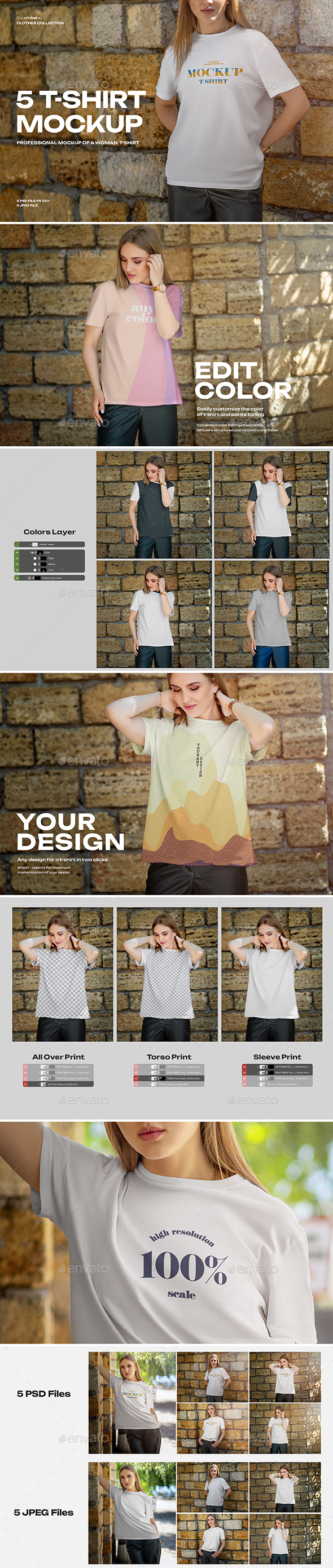 5 Mockups T-Shirt on a Girl  in the Outdoor