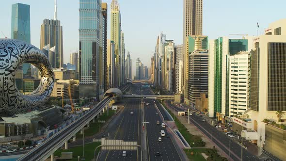 Aerial view of Dubai downtown with Emirates towers, United Arab Emirates. alt