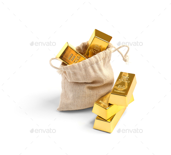 Gold in a canvas bag on white background