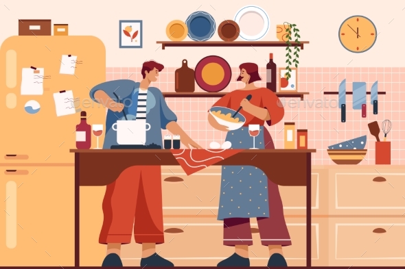 Vector Image of Family at Home Cooking Food
