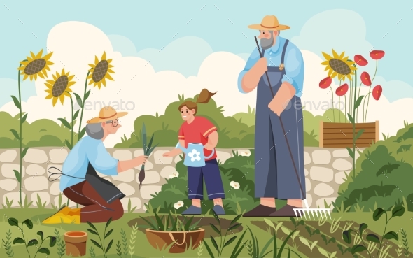Cartoon Family at Home Garden Watering Plants