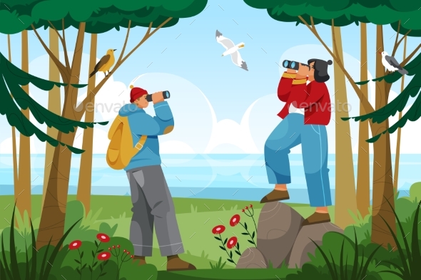 Ornithologist at Nature Observing Birds Vector