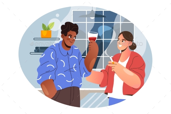 Vector Man and Woman Smoking and Drinking Wine