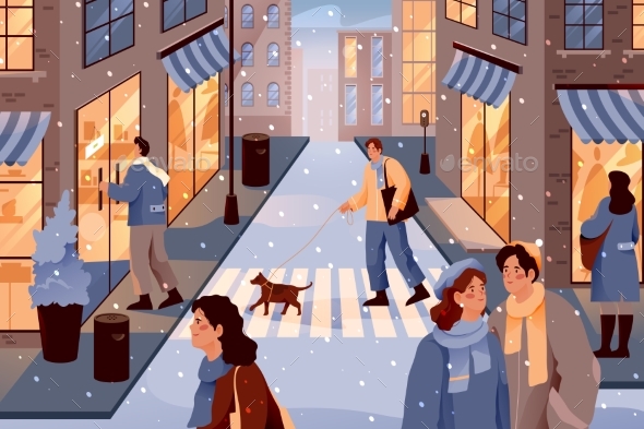 Winter Street and Falling Snow Vector Illustration