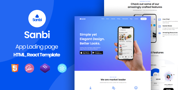 Sanbi - App Landing Page HTML, React js Template