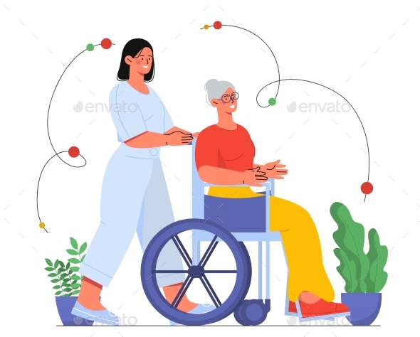 Old Woman with Care Services Vector Concept
