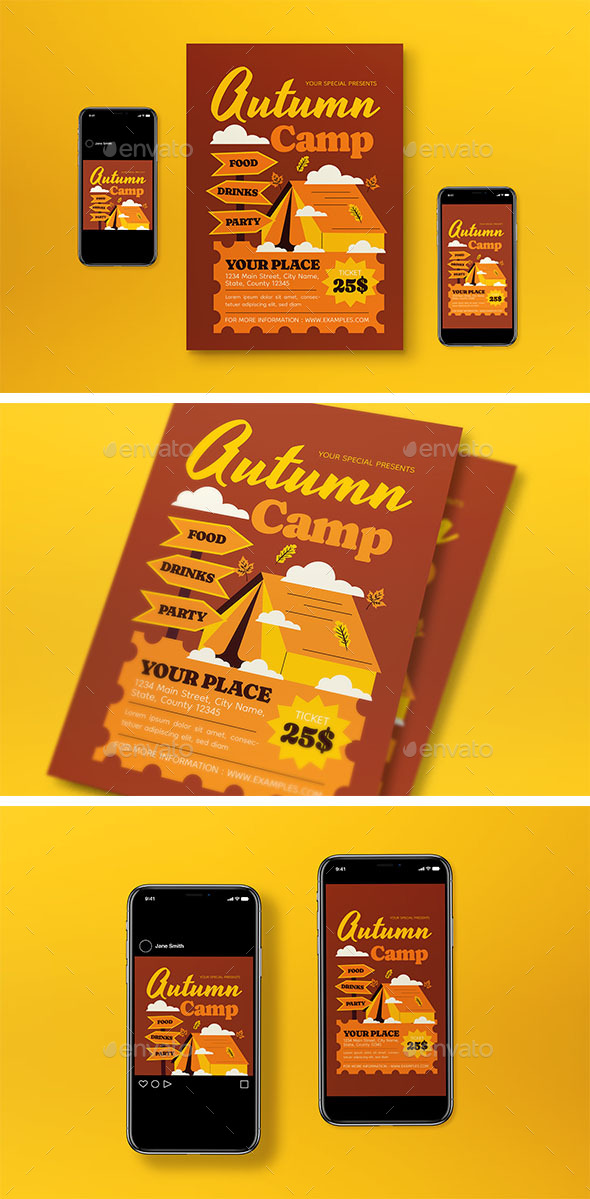 Brown Flat Design Autumn Camp Flyer Set