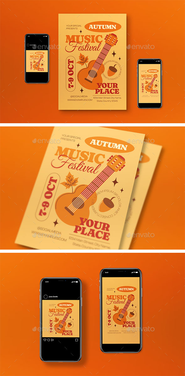 Yellow Flat Design Autumn Music Festival Flyer Set