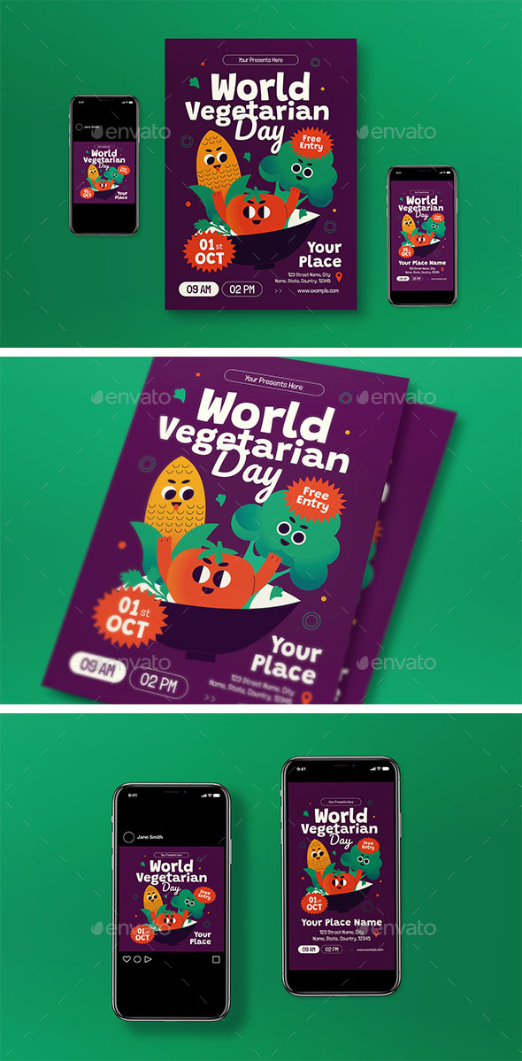 Purple Cute Cartoon World Vegetarian Day Flyer Set