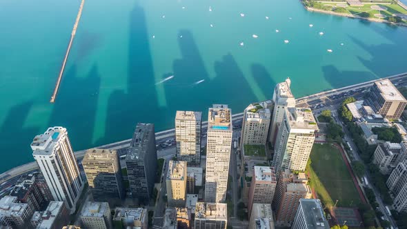 Chicago Skyscrapers Shadows on Lake Michigan Aerial Day alt