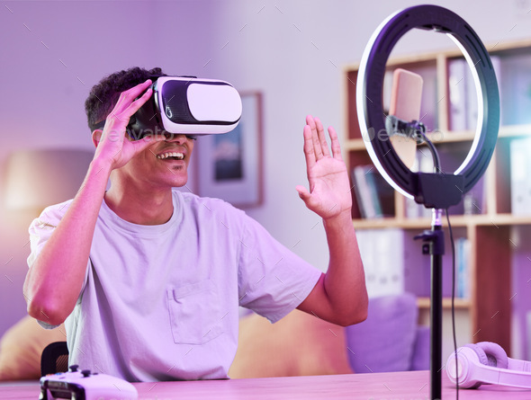 VR, live streaming and man gamer with future on social media for digital connection in metaverse vl