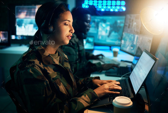 Army command center, laptop and woman in headset, global surveillance and tech communication. Secur