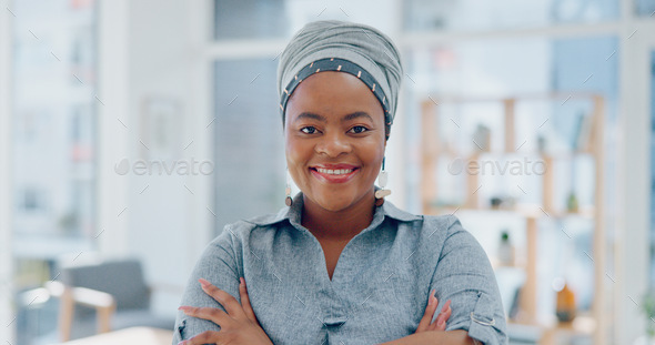 Face, black woman and arms crossed in office, business and leadership ...