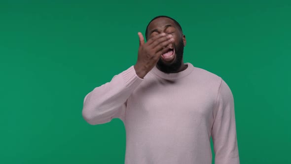 Sleepy Guy, Bored Young Man, Tired Student Placing Hand on Mouth Yawning. Human Emotions, Facial alt