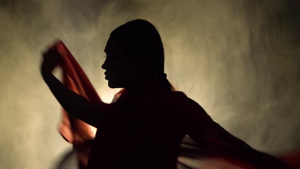 Silhouette a Young Girl Dancer in a Red Sar,. Indian Folk Dance. Shot in a Dark Studio with Smoke alt