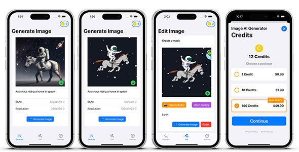 AI Art Generator OpenAI Dall-E - Consumable In-App Purchase Credits - SwiftUI iOS Full Application
