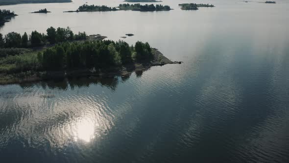 Aerial View of Isles in The Water Reservoir; Drone Flying Down
