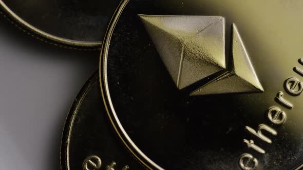 Rotating shot of Ethereum Bitcoins (digital cryptocurrency) - BITCOIN ETHEREUM  alt