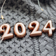 Christmas and New Year Postcard. Number 2024 on knitted gray background. Happy New Year 2024 - PhotoDune Item for Sale