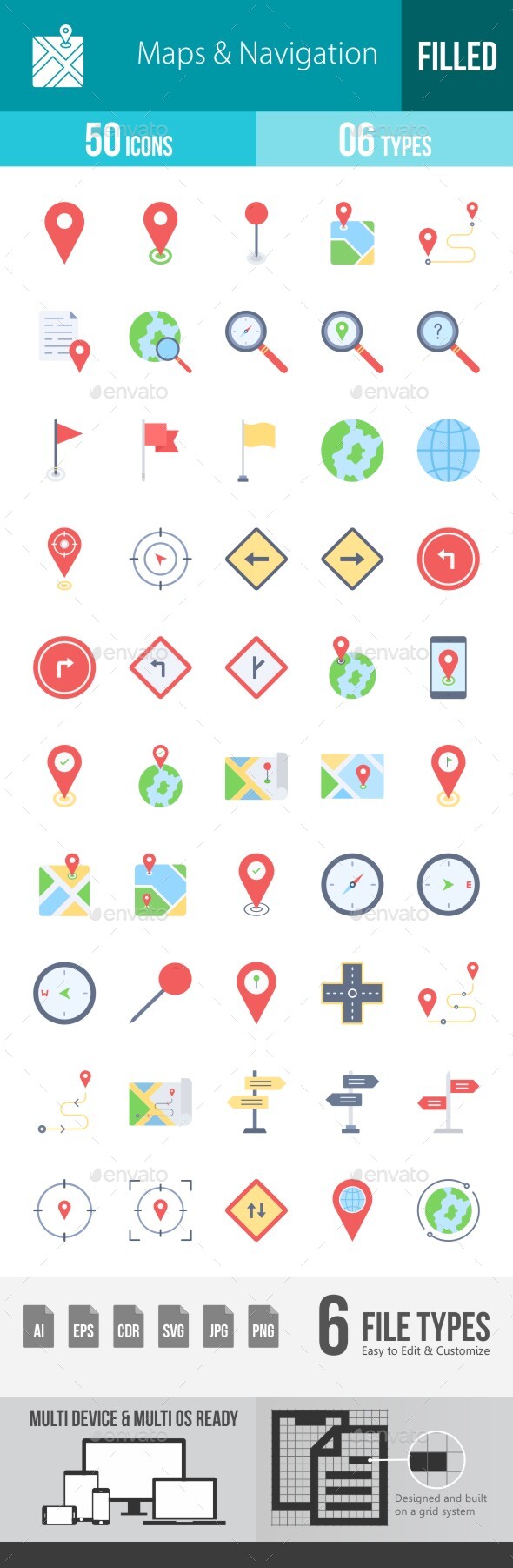Maps & Navigation Flat Multicolor Icons