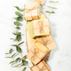 Bars of natural handmade soap and ingredients on marble background, top view - PhotoDune Item for Sale