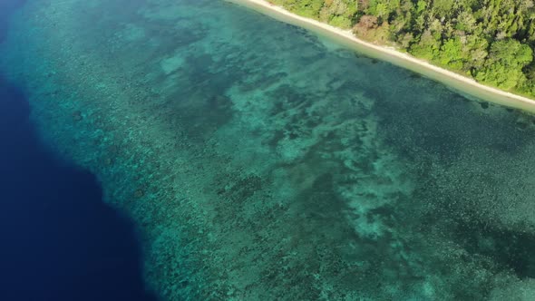 Aerial: flying over tropical Hatta island sand beach Banda Islands Indonesia alt