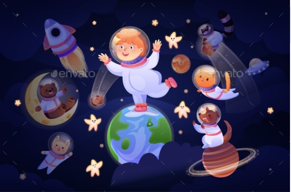 Kid and Animals in Space Poster Vector