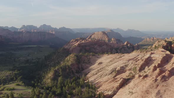 Slow drone flying over a beautiful green grass and pink rock valley within Zion National Park alt