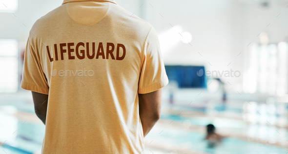 Lifeguard service, swimming pool and back of person ready for job, rescue support or helping with d