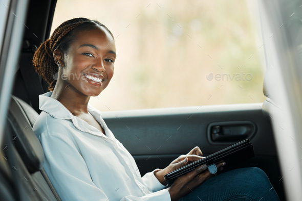 Portrait, tablet and a business black woman a taxi for transport or ride share on her commute to wo