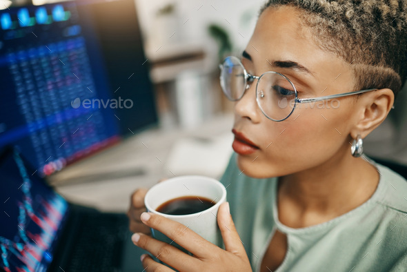 Computer, coffee and professional woman with stock market analysis, crypto audit or monitor equity