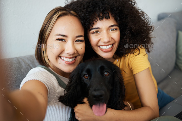 Dog, portrait or lesbian couple in selfie in home to relax together on social media for profile pic