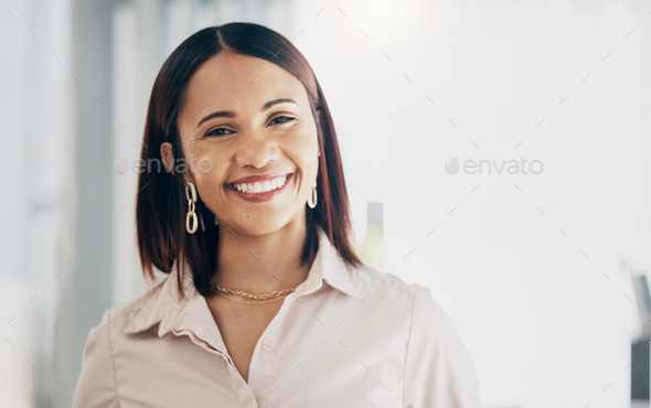 Happy, office and portrait of business woman with smile for career, job and work opportunity. Corpo