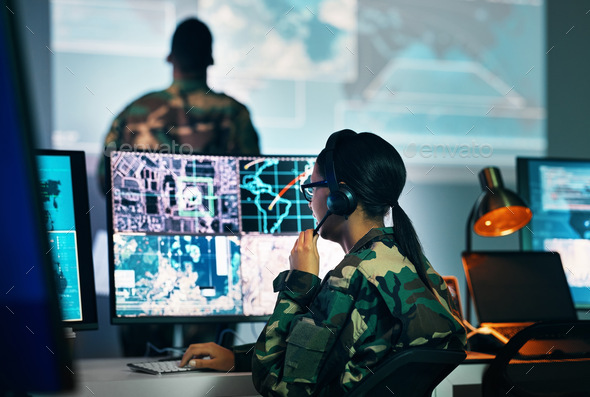 Military command center, computer screen and woman in surveillance, headset and tech for communicat