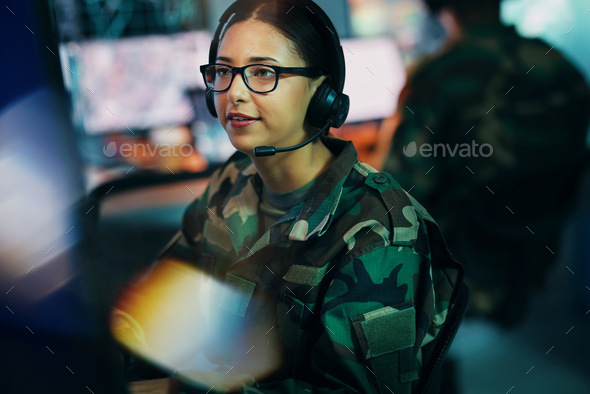 Army command center, computer and woman in headset, global surveillance and tech for communication.