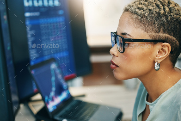 Computer, stock market and face of professional woman reading IPO equity, investment or cryptocurre