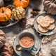 Chai chocolate  or hot cacao with chai cookies, pumpkins for Thanksgiving breakfast. - PhotoDune Item for Sale