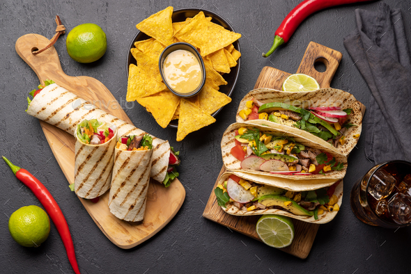 Mexican Food Featuring Tacos, Burritos, Nachos, Burgers Stock Photo By 