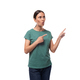young black-haired woman dressed in a basic t-shirt shows her hand to the side in surprise - PhotoDune Item for Sale