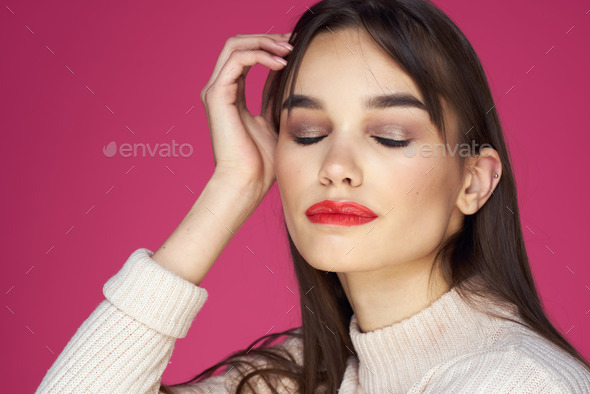 Brunette With Long Hair Red Lips Cosmetics White Sweater Pink