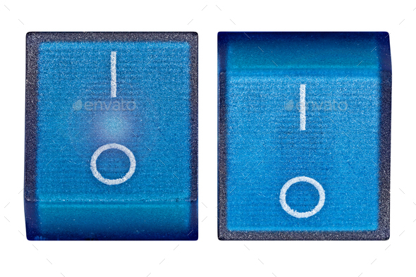 Blue power switch on/off, isolated on white background, with clipping path