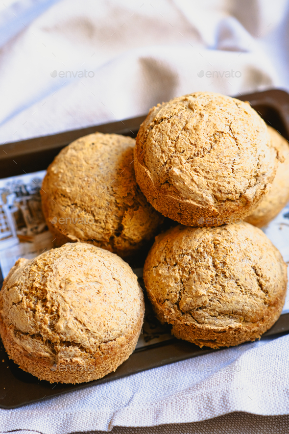 Vegan bread buns made from millet and green buckwheat. Useful healthy homemade baking without gluten