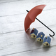 Concept of renters home insurance or mortgage protection. House under a red umbrella. - PhotoDune Item for Sale