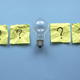 Light bulb with a questions symbol written on a yellow paper over a blue background. - PhotoDune Item for Sale