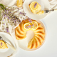 Top view Piece of lemon cake on white table with lavender - PhotoDune Item for Sale