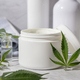 Opened white cream jar near green cannabis leaves close up, CBD cosmetic mockup - PhotoDune Item for Sale