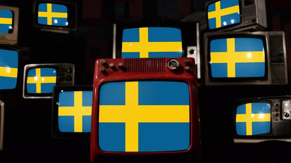 Flag of Sweden on Retro TVs. 4K.