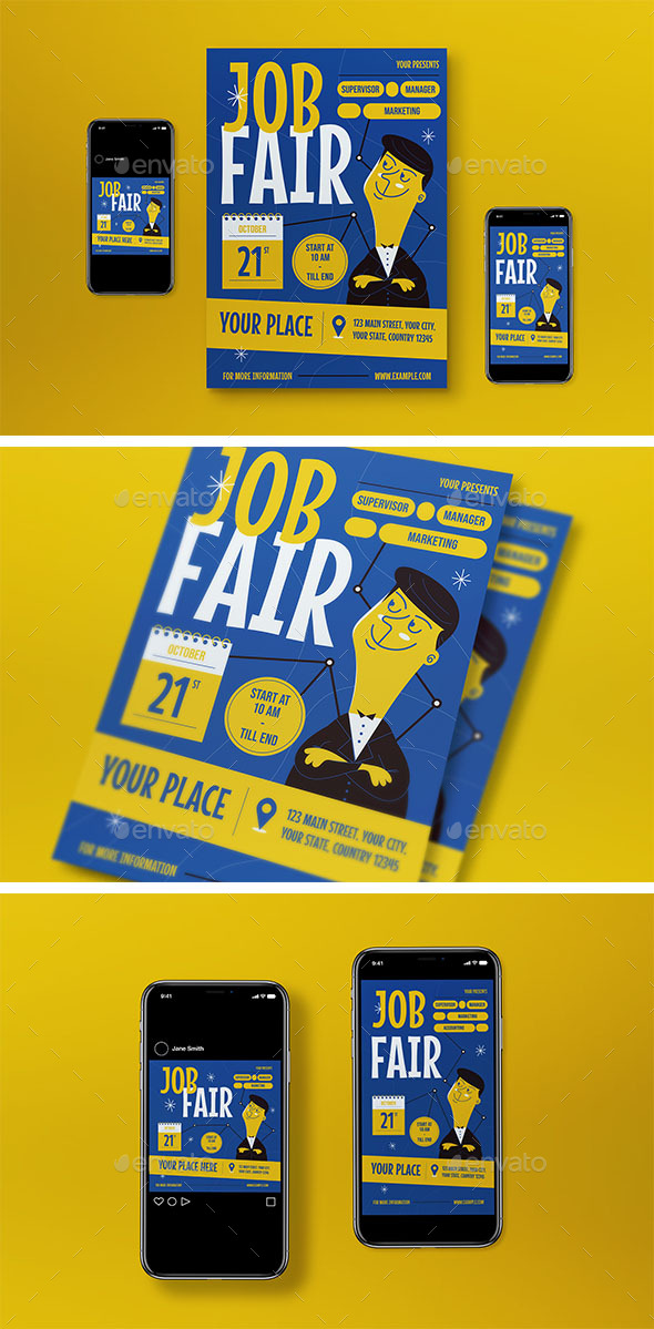 Blue Mid Century Job Fair Flyer Set