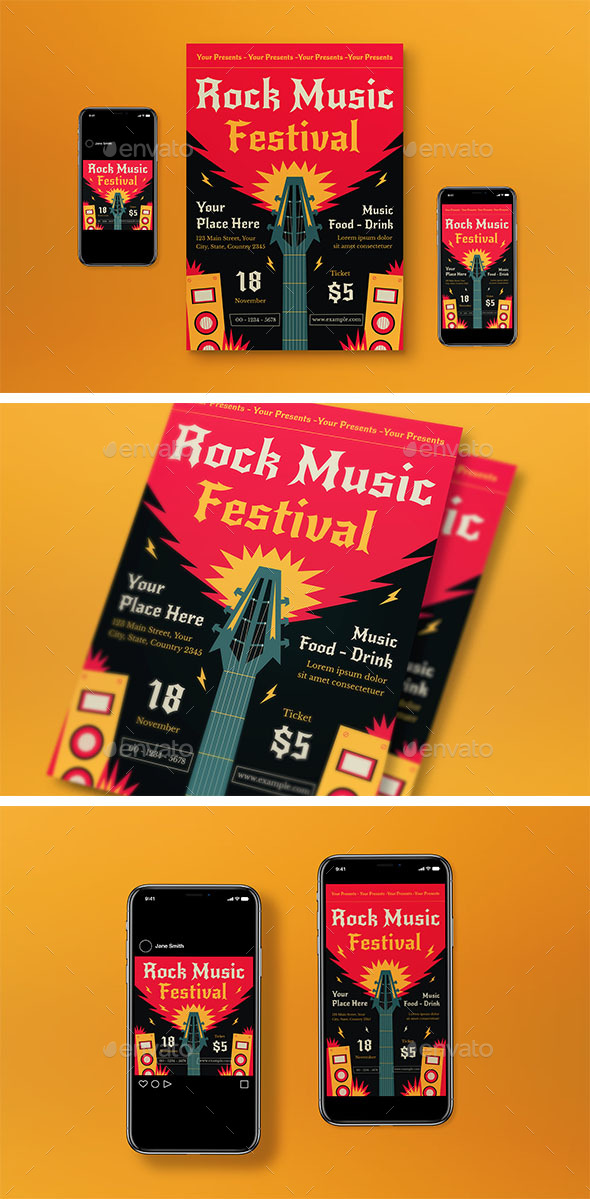 [DOWNLOAD]Black Flat Design Rock Music Festival Flyer Set